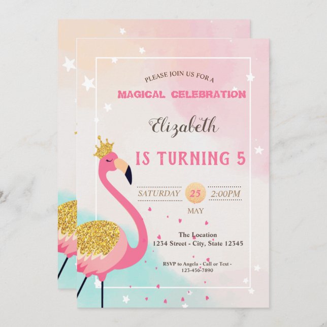 Adorable Glitter Pink Flamingo Birthday Invitation (Front/Back)