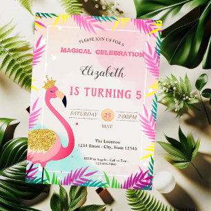 Adorable Glitter Pink Flamingo Palm Leaves Invitation
