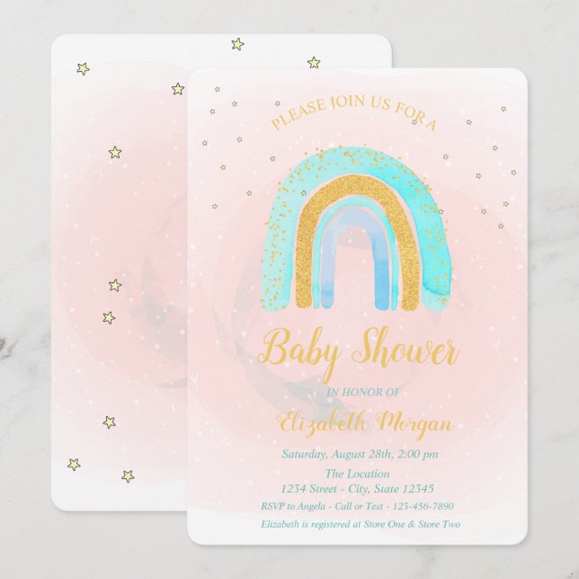 Adorable Glitter Rainbow Stars Baby Shower  Invitation (Front/Back)