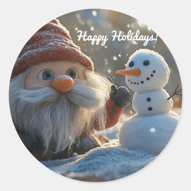 Adorable Gnome and Snowman in a Winter Wonderland Classic Round Sticker (Front)