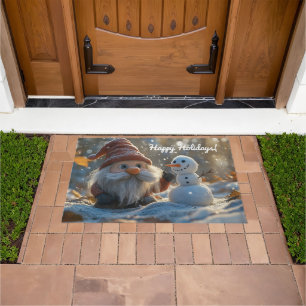 Adorable Gnome and Snowman in a Winter Wonderland Doormat