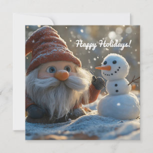 Adorable Gnome and Snowman in a Winter Wonderland Holiday Card