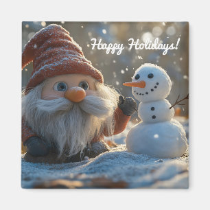 Adorable Gnome and Snowman in a Winter Wonderland Magnet