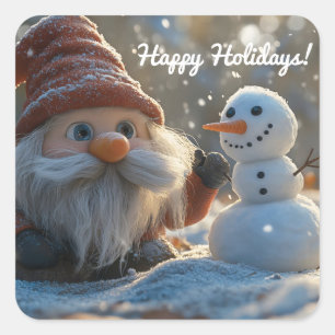 Adorable Gnome and Snowman in a Winter Wonderland Square Sticker