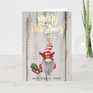Adorable Gnome Sleigh Wood Merry Christmas Holiday Card