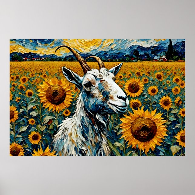 Adorable Goat in a Sunflower Field Poster (Front)