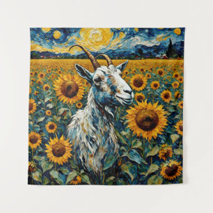 Adorable Goat in a Sunflower Field Tapestry
