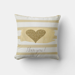 Adorable Gold Glitter Hearts Stripes-I Love You Cushion