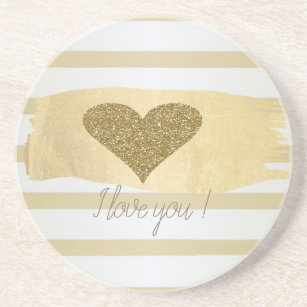 Adorable Gold Glitter Hearts Stripes-I Love You Mo Coaster
