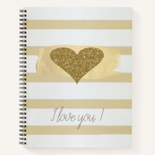 Adorable Gold Glitter Hearts Stripes-I Love You Notebook