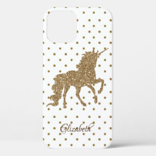 Adorable Gold Glitter Unicorn, Polka Dots iPhone 12 Case