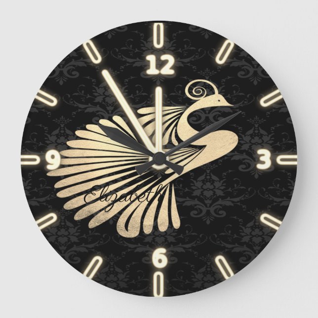 Adorable Gold Peacock Black Damask- Personalized Large Clock (Front)