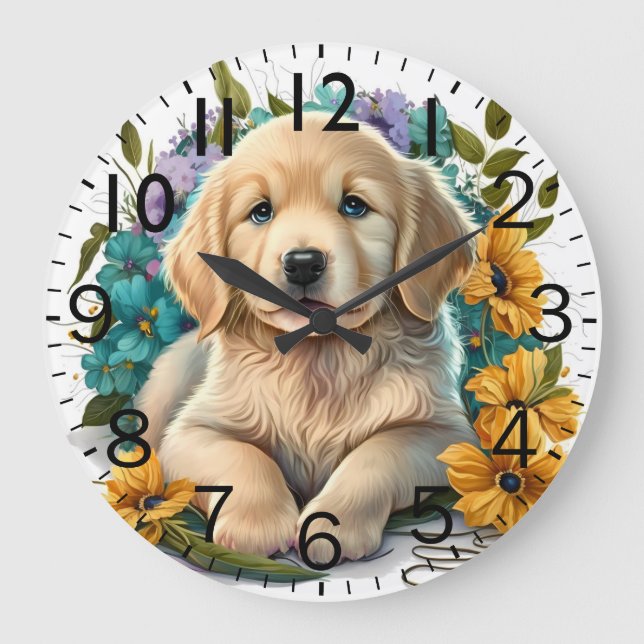 Adorable Golden Retriever Puppy Dog Large Clock (Front)
