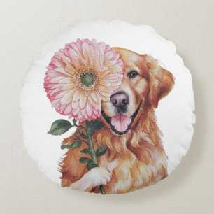 Adorable Golden Retriever Watercolor Illustration Round Cushion