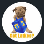 Adorable Got Latkes? Hankukkah Pug Puppy & Dreidel Classic Round Sticker<br><div class="desc">Super cute Hanukkah puppy and dreidel - great gift idea for kids and adults.</div>