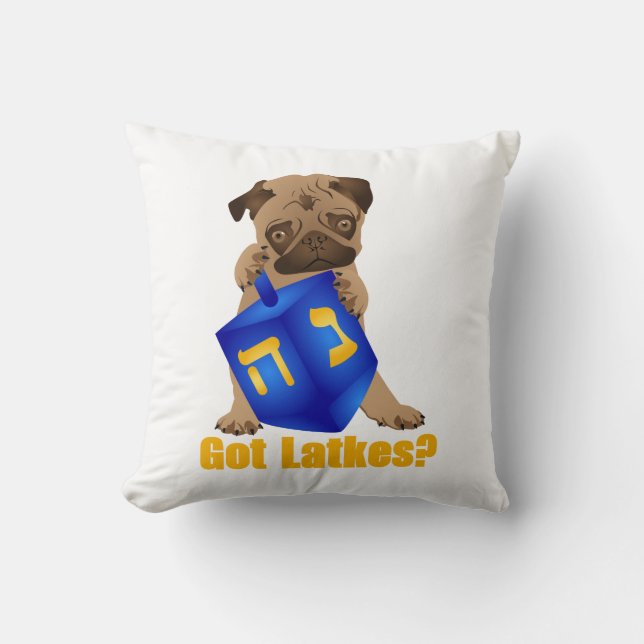 Adorable Got Latkes? Hankukkah Pug Puppy & Dreidel Cushion (Front)
