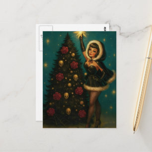 Adorable Goth Vintage Witch Decorates Yule Tree Postcard