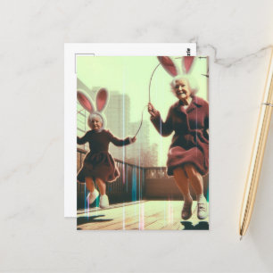 Adorable Granny Easter Bunnies Jumping Rope Glitch Postcard