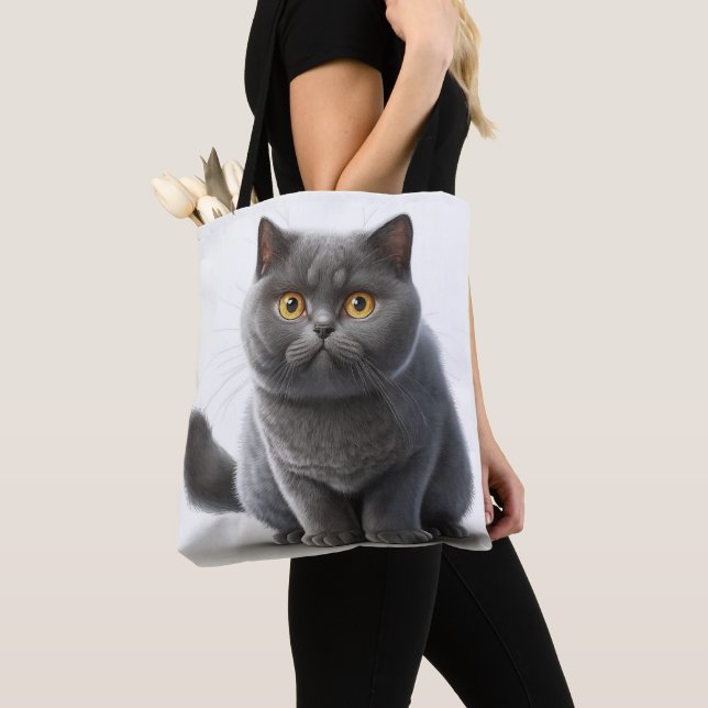 ADORABLE GRAY BRITISH SHORTHAIR CARTOON CAT TOTE BAG (Close Up)