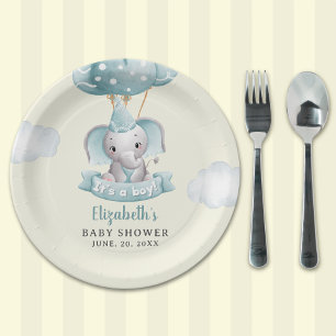Adorable Gray Elephant Baby shower Boy Paper Plate