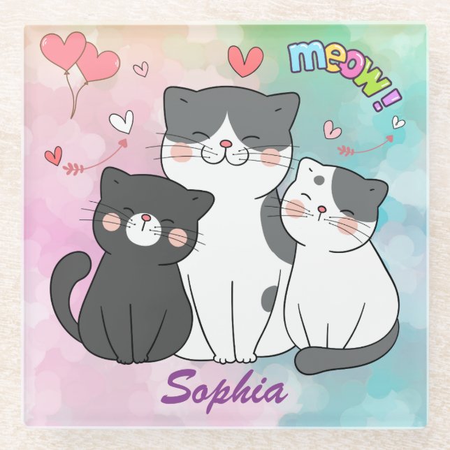 Adorable Grayish Cats Meow Love Personalised Glass Coaster (Front)