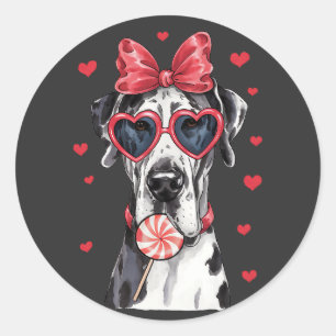 Adorable Great Dane Enjoying Lollipop Valentine. Classic Round Sticker