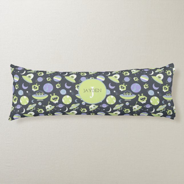 Adorable Green Aliens Space Ships UFO Kids Body Cushion (Front)