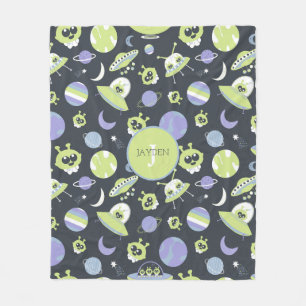 Adorable Green Aliens Space Ships UFO Kids Fleece Blanket