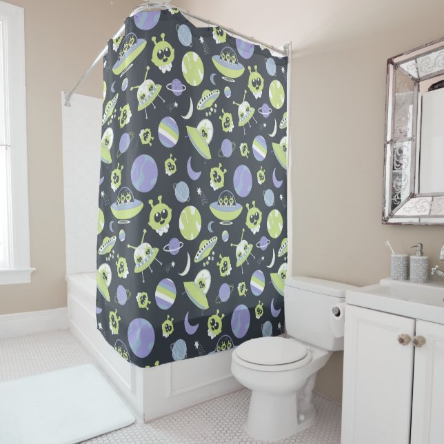 Adorable Green Aliens Space Ships UFO Kids Shower Curtain (In Situ)