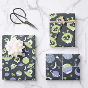 Adorable Green Aliens Space Ships UFO Kids Wrapping Paper Sheet