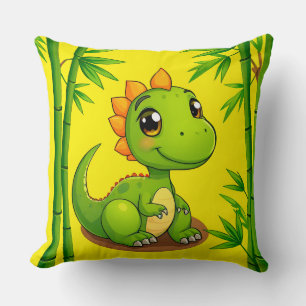 Adorable Green Cartoon Dinosaur Amid Bamboo Plants Cushion