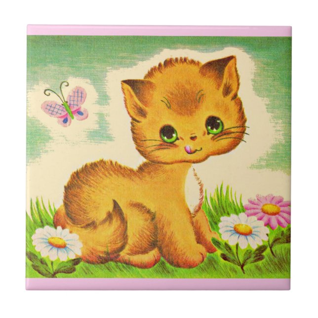 adorable green-eyed kitten ceramic tile (Front)