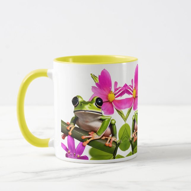 Adorable Green Frog Surrounded by Pink Flowers Mug (Left)