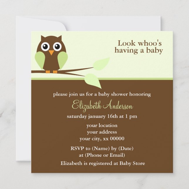 Adorable Green Owl Baby Shower Invitation (Front)