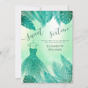 Adorable green tropical leaves glitter sweet 16  invitation