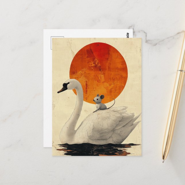 Adorable Grey Mouse Hitches a Ride on a Swan Postcard (Front/Back In Situ)
