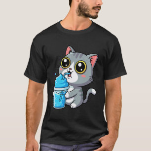 Adorable Grey Tabby Cat Sipping Blue Slushy Drink T-Shirt
