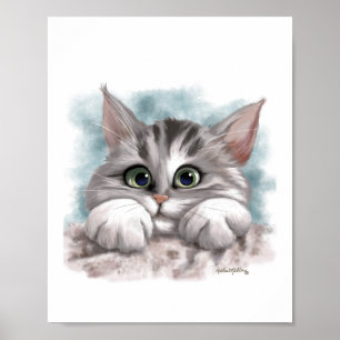 Adorable Grey Tabby Kitten Cartoon Poster