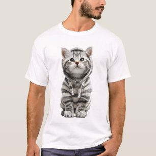 Adorable Grey Tabby Kitten in Striped Hoodie T-Shirt