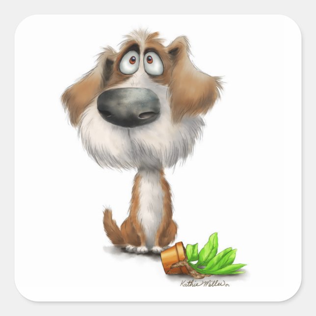 Adorable Guilty Shaggy Dog Cartoon Square Sticker (Front)