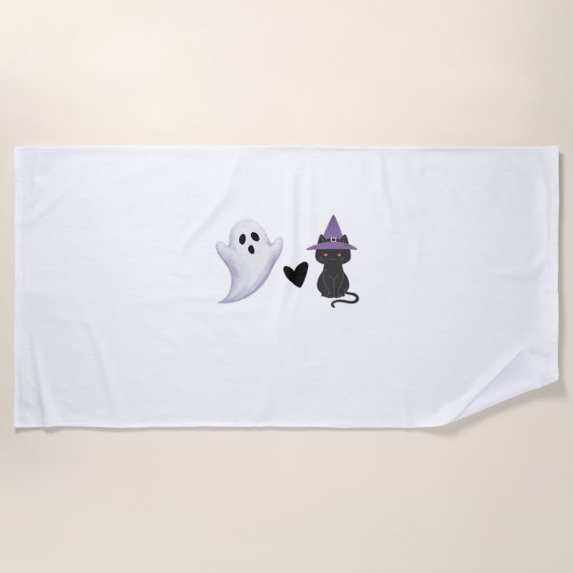 Adorable Halloween Duo Friendly Ghost and Black Ca Beach Towel (Front)