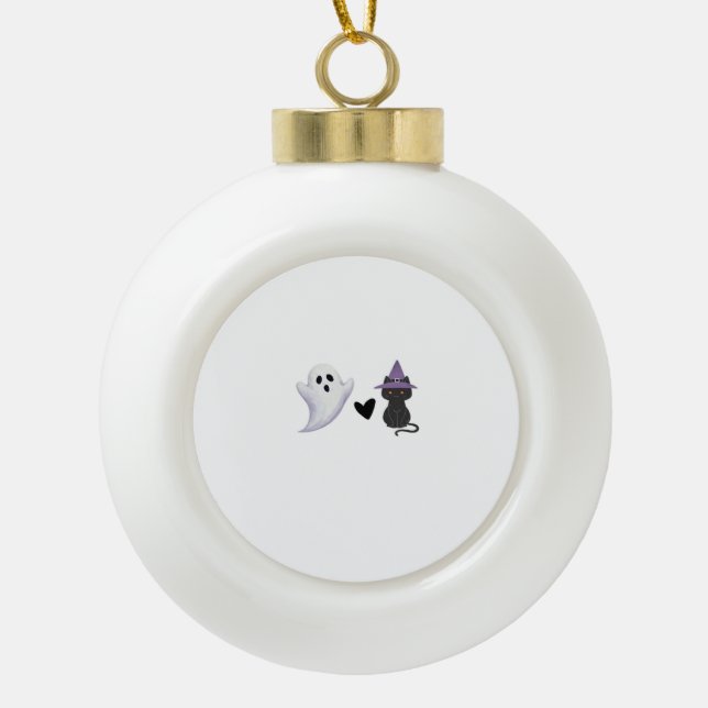 Adorable Halloween Duo Friendly Ghost and Black Ca Ceramic Ball Christmas Ornament (Front)