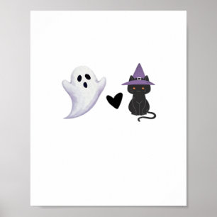 Adorable Halloween Duo Friendly Ghost and Black Ca Poster