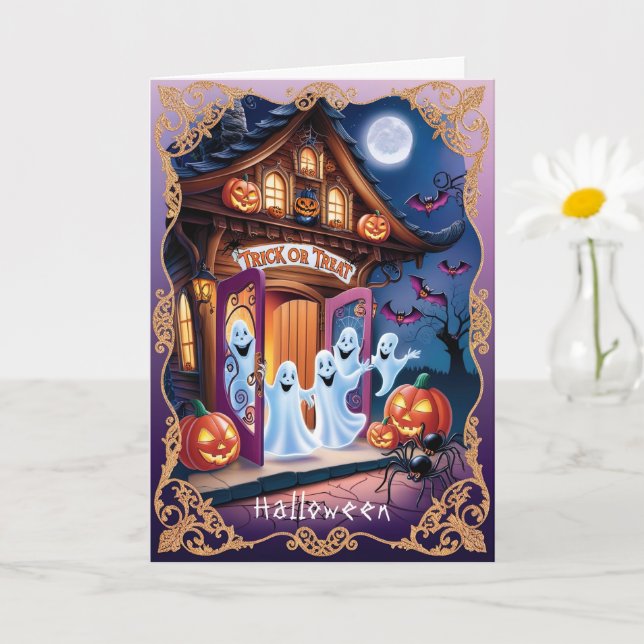 Adorable Halloween Ghosts at the Doorstep Card (Small Plant)