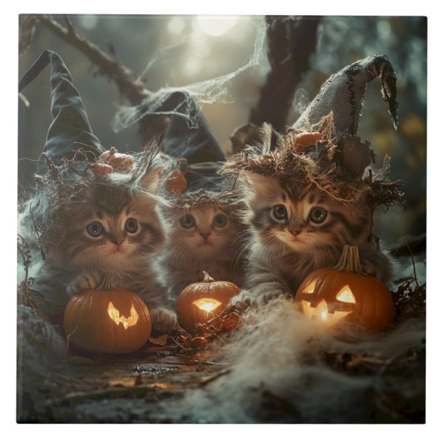 Adorable Halloween Kittens with Pumpkins Ceramic Tile (Front)