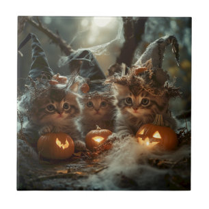 Adorable Halloween Kittens with Pumpkins Ceramic Tile