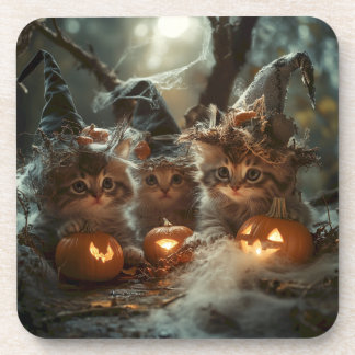 Adorable Halloween Kittens with Pumpkins Coaster