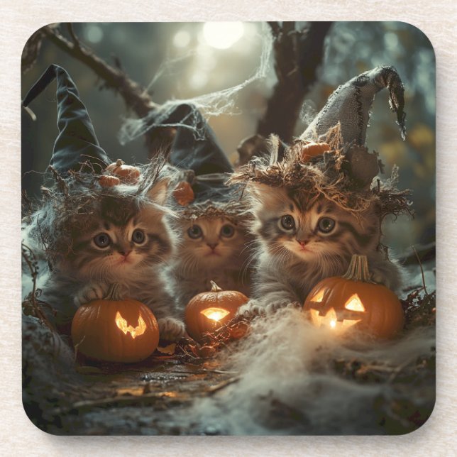 Adorable Halloween Kittens with Pumpkins Coaster (Front)