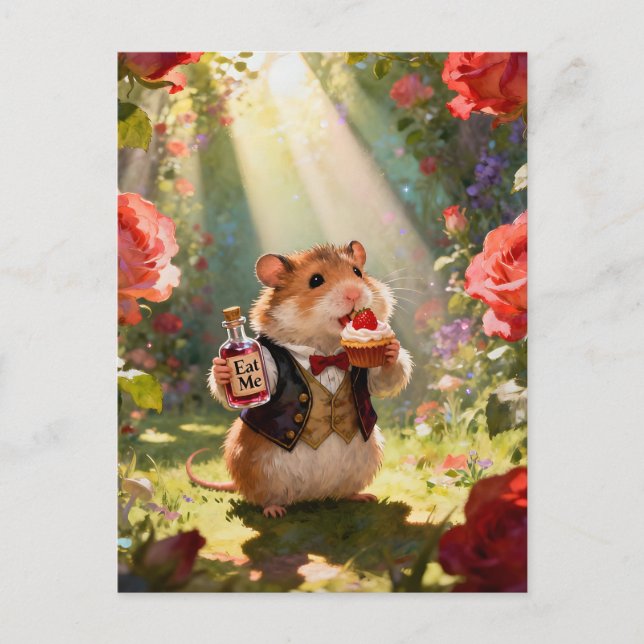 Adorable Hamster Eats Strawberry Cupcake Postcard (Front)
