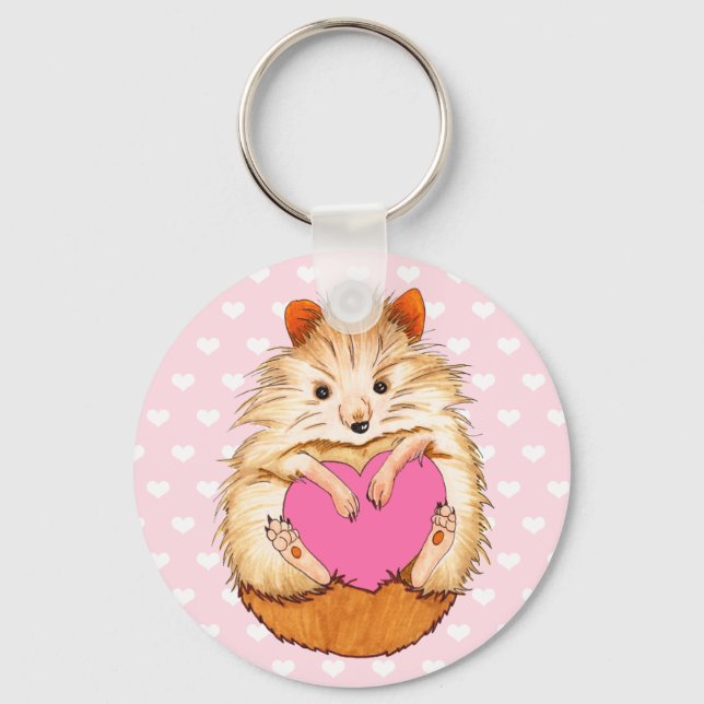 Adorable Hamster Illustration & Hearts Key Ring (Front)